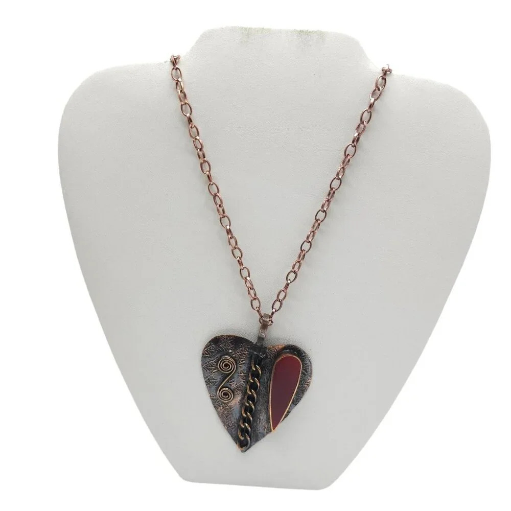 Red Enamel Heart On Copper Pendant Chain Necklace Lobster Closure Vintage